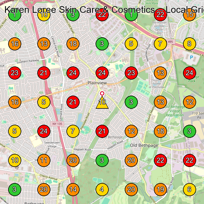Karen Loree Skin Care & Cosmetics Cosmetics Store GeoGrid ranking map for Plainview NY